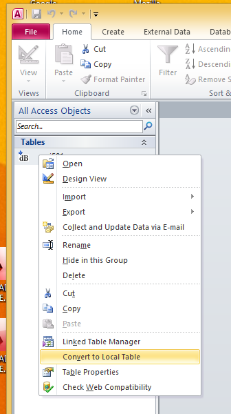 Convert to Local Table in Context Menu for linked table